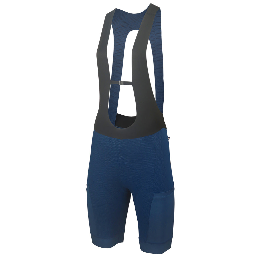 Women's Blue Long Distance Cargo Bib Shorts - Front View #color_navy