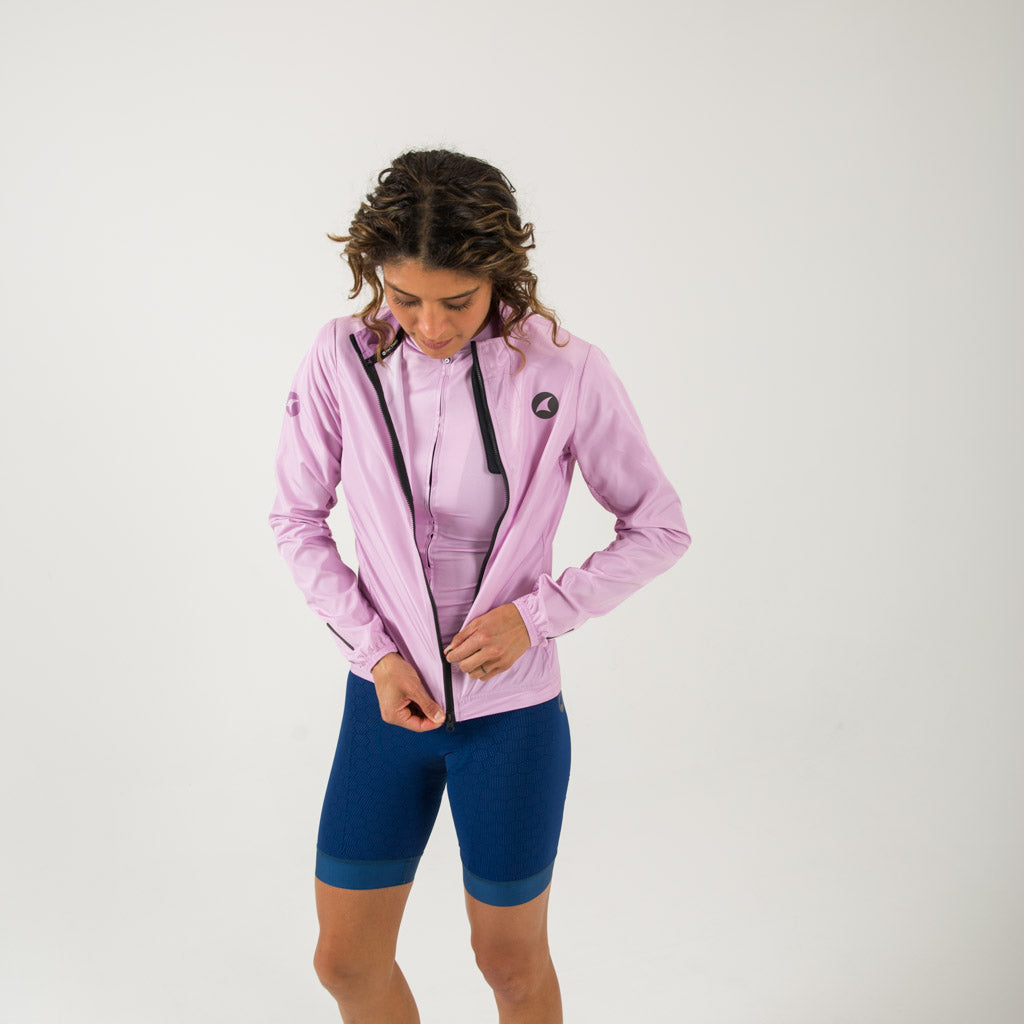 Women's Packable Cycling Wind Jacket on body zipper View #color_lilac
