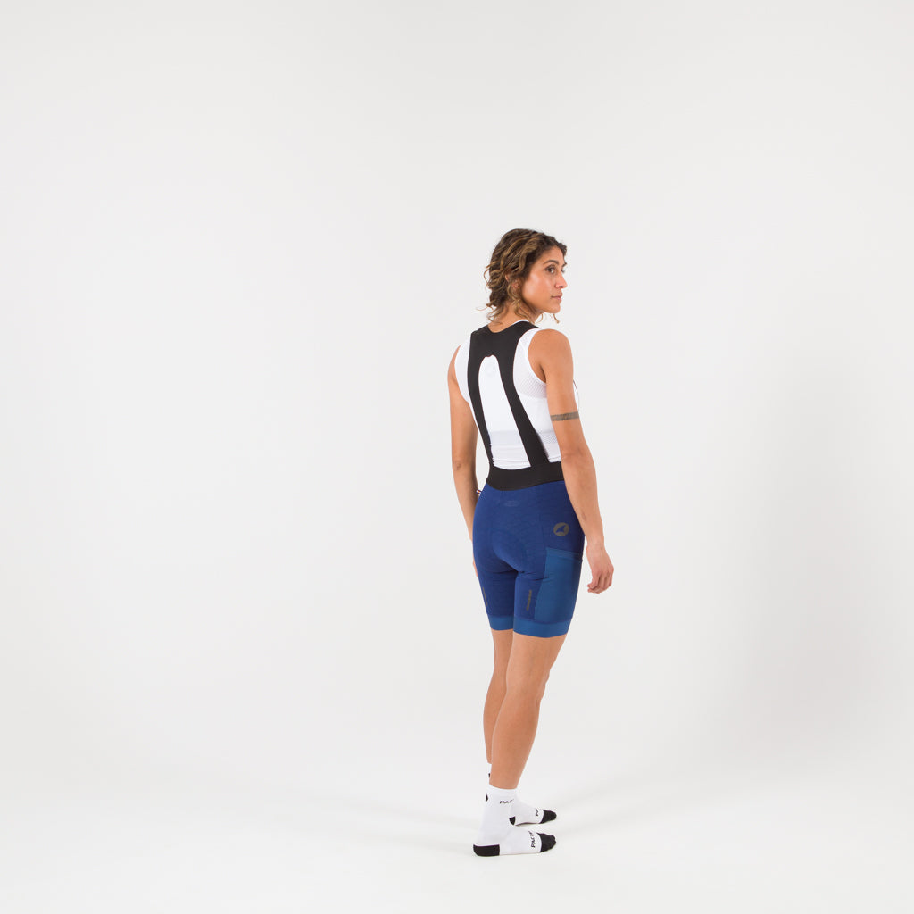 Women's Blue Long Distance Cargo Bib Shorts - on body Back Right View #color_navy