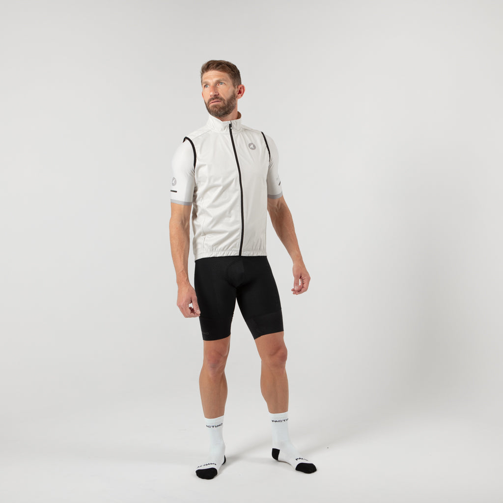 Men's Cool Weather Cycling Vest With Pockets On Body Front View #color_dune