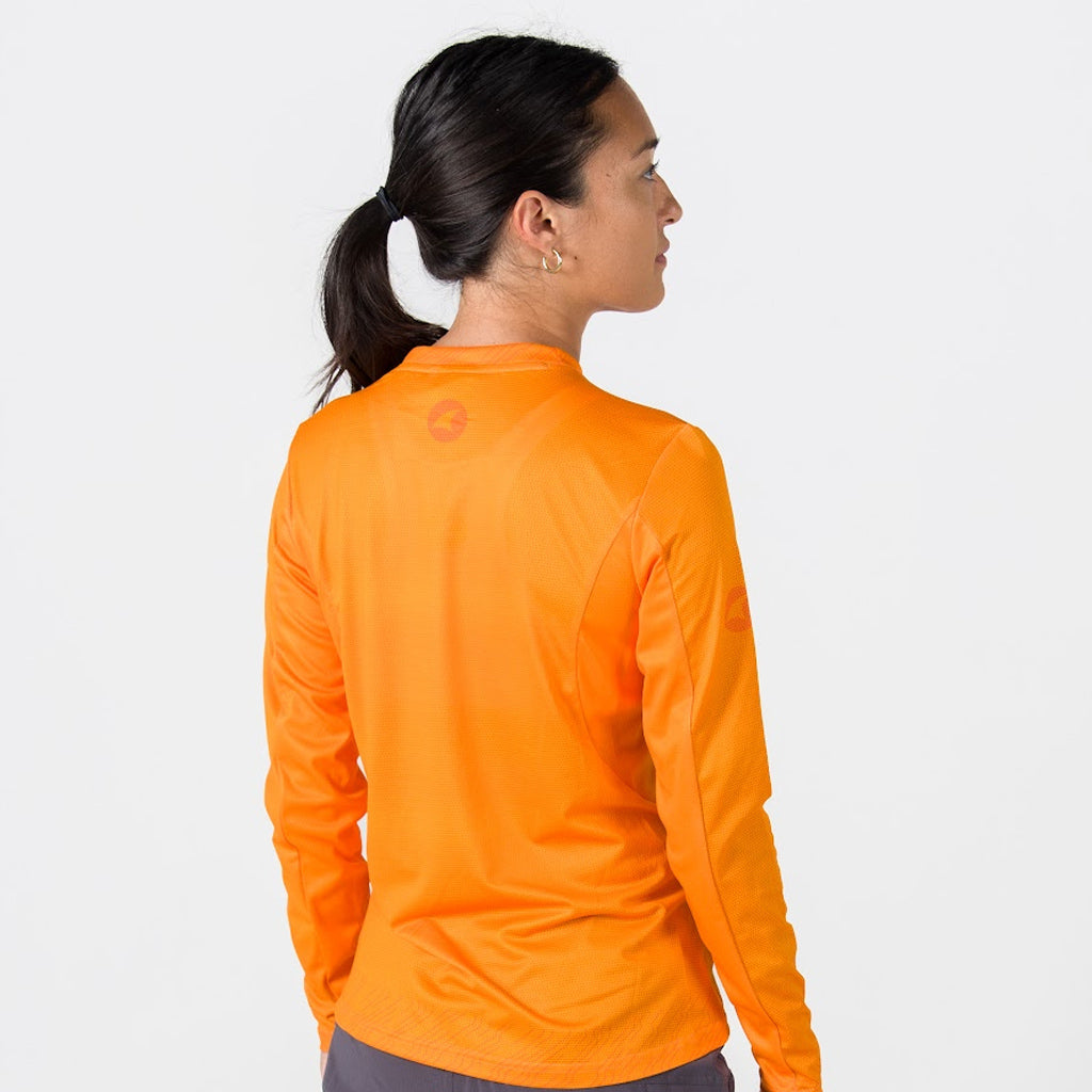 Women's Long Sleeve Mountain Bike Jersey - On Body Back View #color_bright-orange