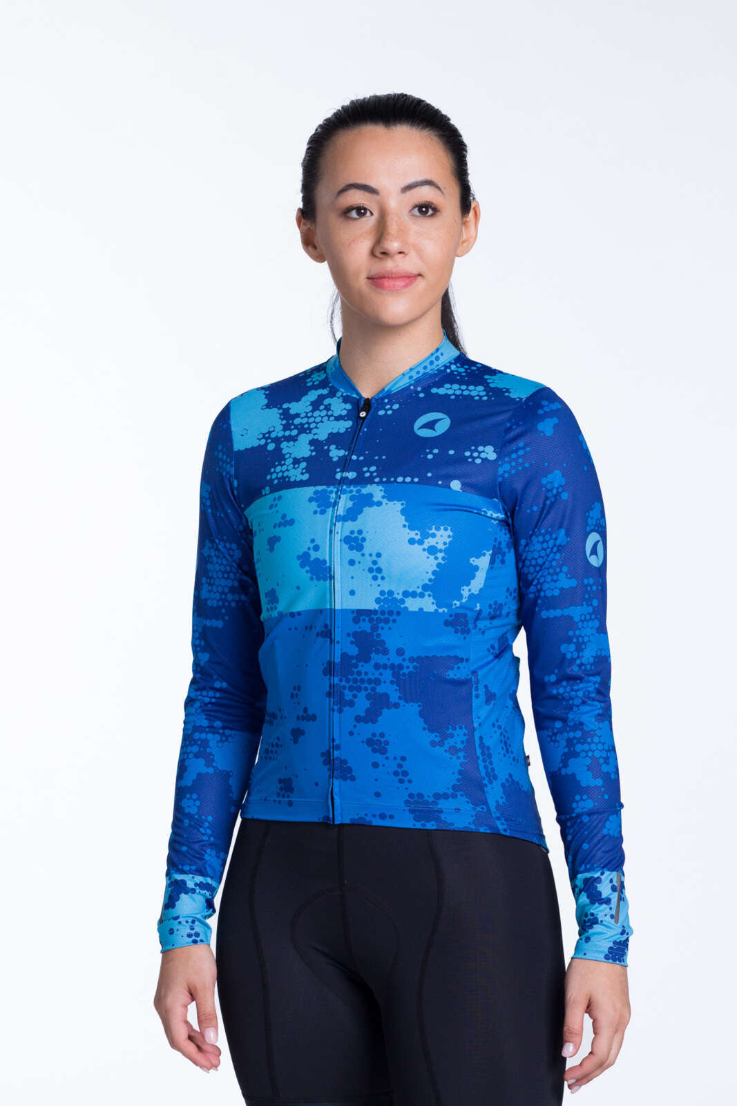 Women's Blue Long Sleeve Cycling Jersey - Ascent Disperse Front View