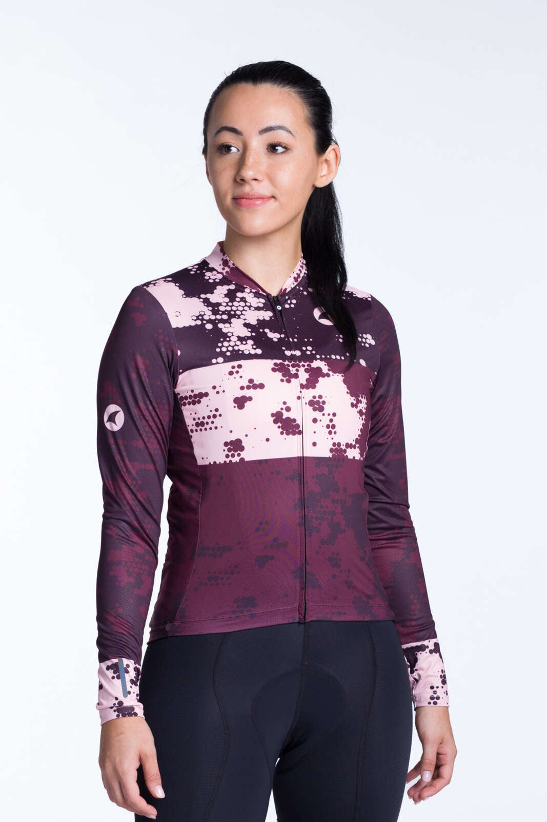 Women's Burgundy] Long Sleeve Cycling Jersey - Ascent Disperse Front View