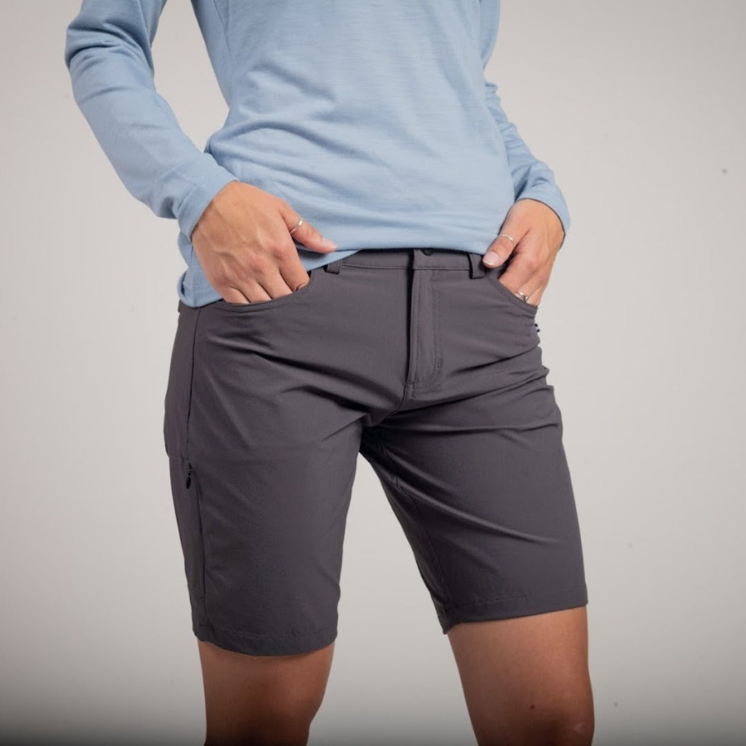 Womens Mountain Bike Shorts - Range on Body Front View #color_dark-grey