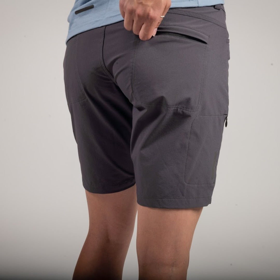 Womens Mountain Bike Shorts - Range on Body Back View #color_dark-grey