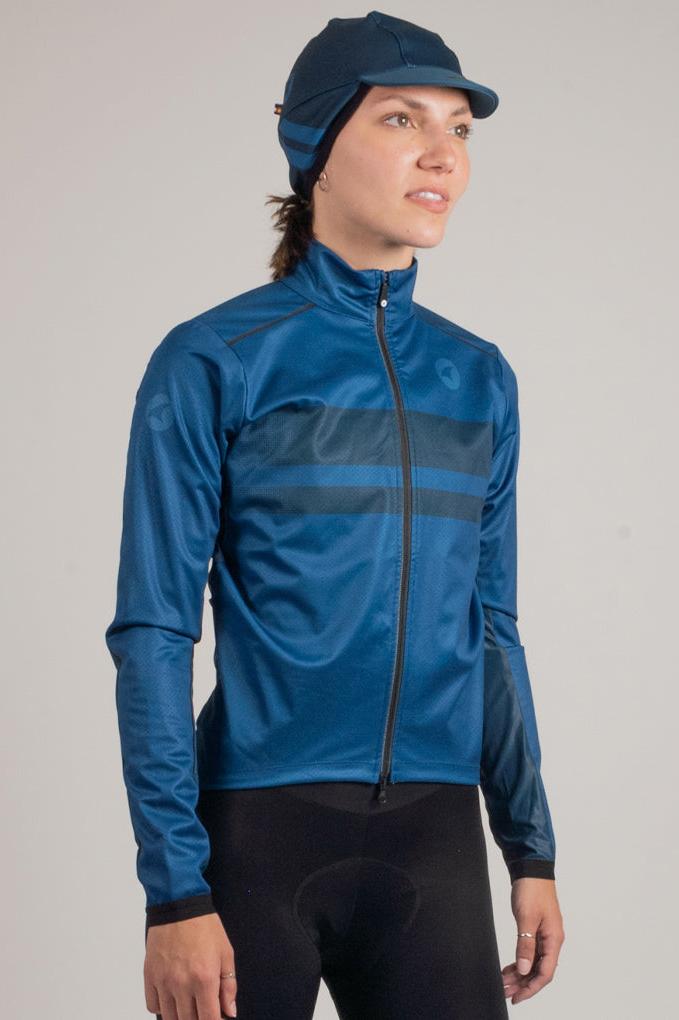 Womens Cycling Jacket for Cool Weather - On Body Front View #color_navy