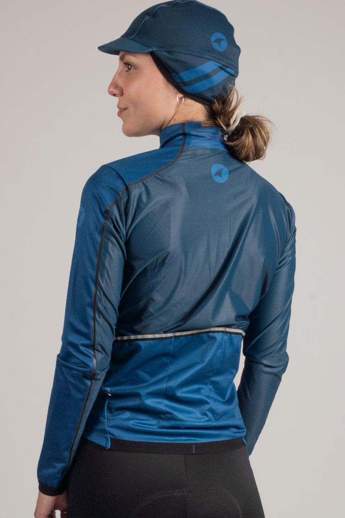 Womens Cycling Jacket for Cool Weather - On Body Back View #color_navy