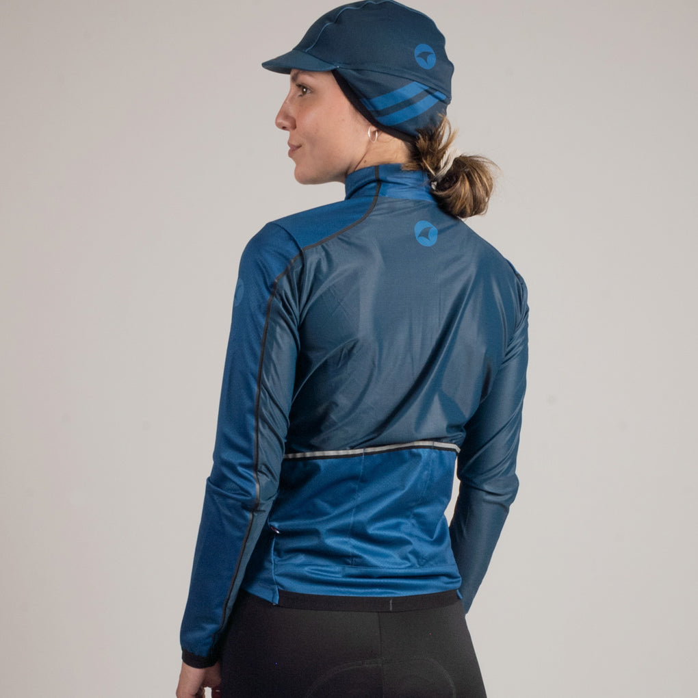 Womens Cycling Jacket for Cool Weather - On Body Back View #color_navy