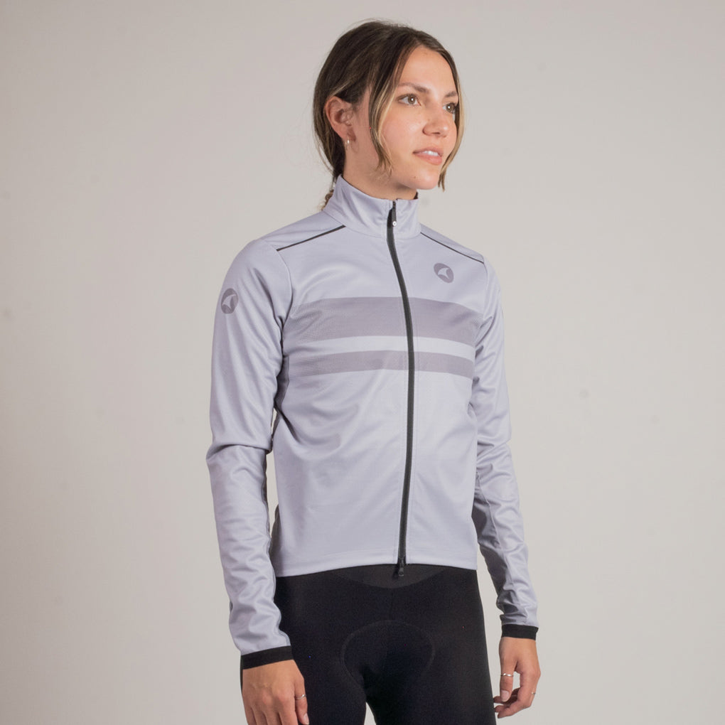 Womens Cycling Jacket for Cool Weather - On Body Front View #color_fog-grey