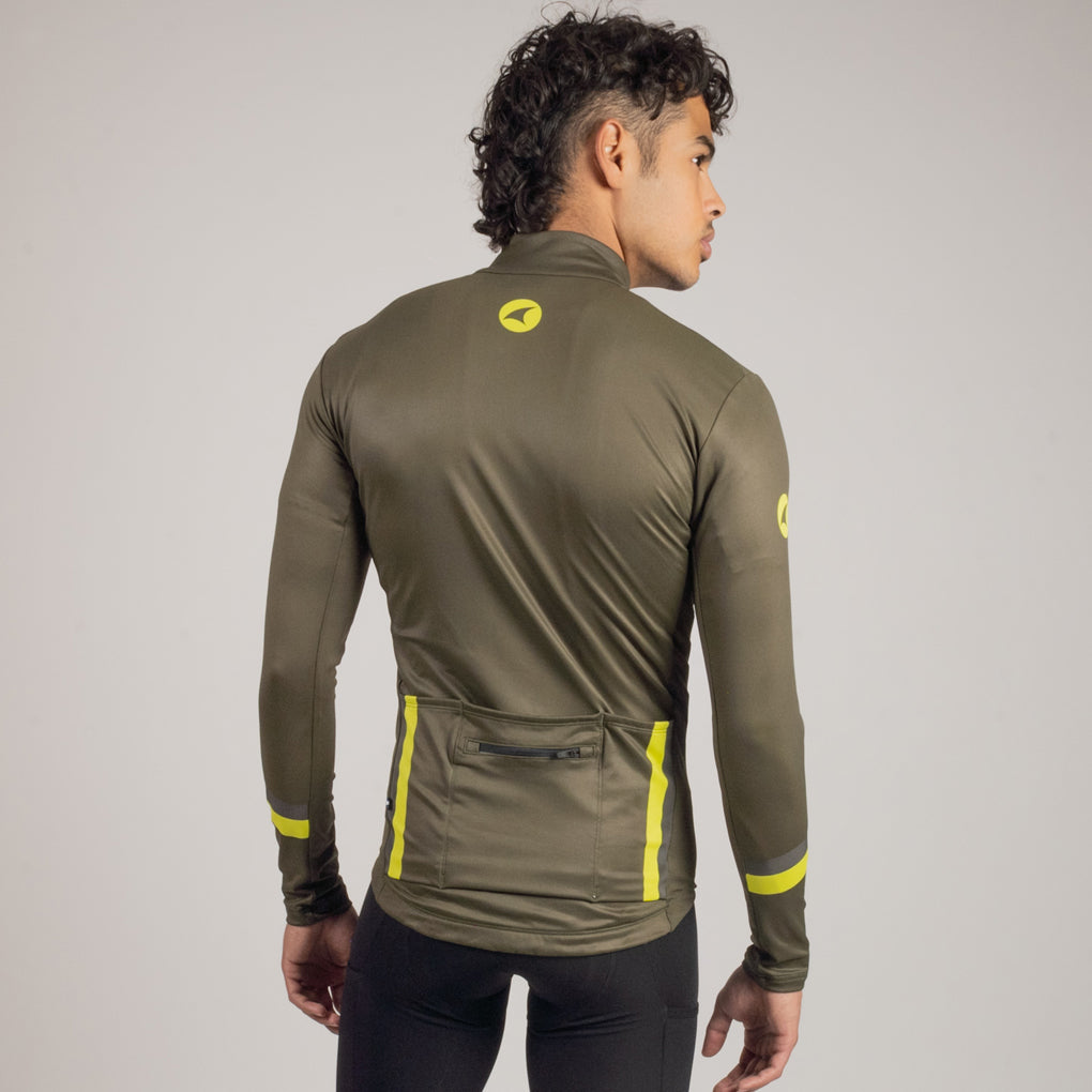 Men's Long Sleeve Thermal Cycling Jersey - Alpine On Body Back #color_winter-moss