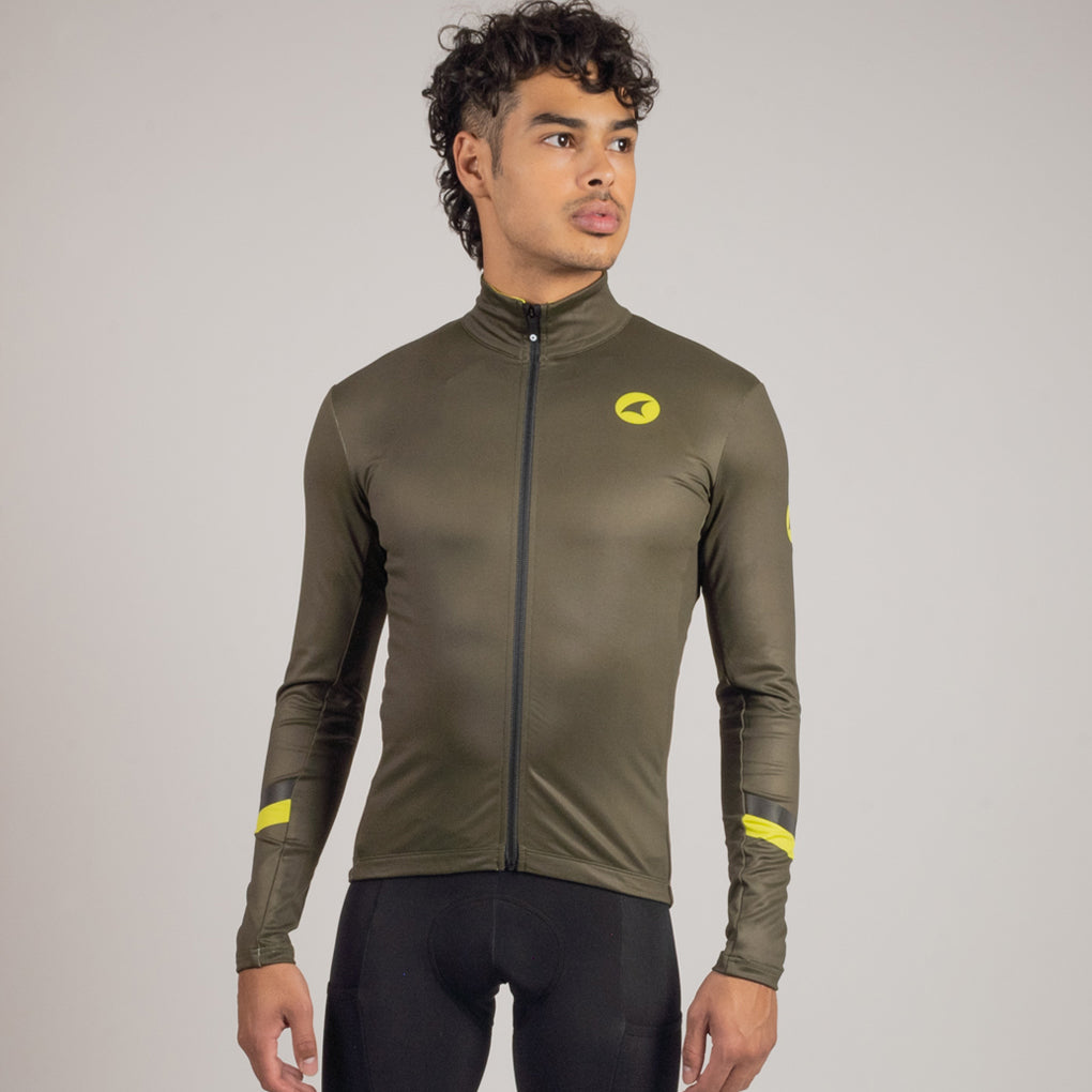 Men's Long Sleeve Thermal Cycling Jersey - Alpine On Body Front #color_winter-moss