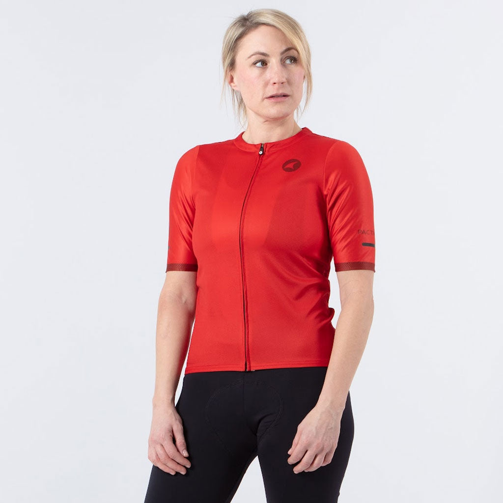 High Quality Women's Red Cycling Jersey On Body Front