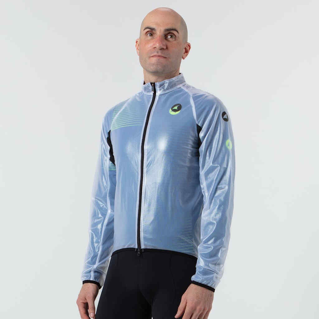 Men's Lightweight Cycling Rain Jacket Front View on Body #color_clear-black