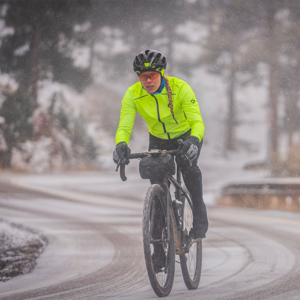 Women's Winter Cycling Jacket - On Bike Front View #color_manic-yellow