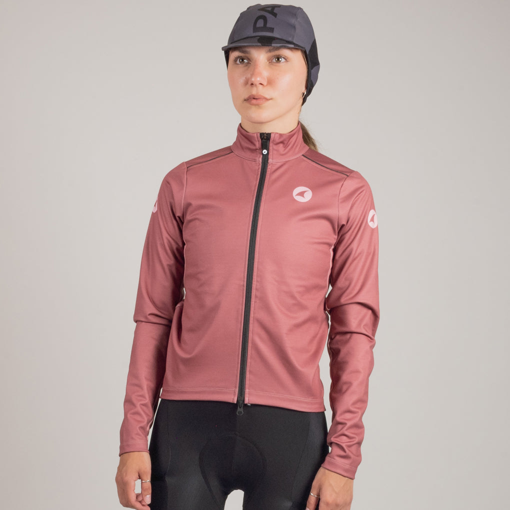 Women's Thermal Cycling Jacket - On Body Front View #color_dusty-burgundy